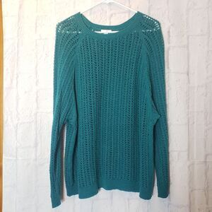 J. JILL Crochet Style Loose Knit Crewneck Sweater GREEN Medium